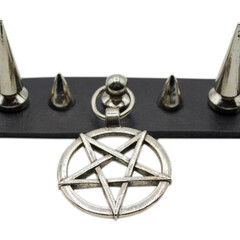 Black leather bracelet with spikes, holnitenes and a pentagram. An accessory for rockers, bikers,...