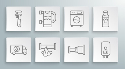 Set line Plumber service car, Heated towel rail, Broken pipe, Pipe adapter, Electric boiler, Washer, Bottle for cleaning agent and adjustable wrench icon. Vector