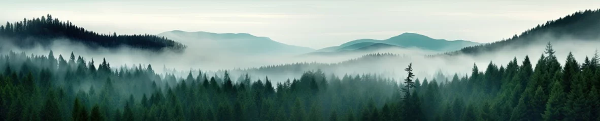 Afwasbaar Fotobehang Mistig bos Nebeliger Tannenwald, Berg und Waldlandschaft im Bannerformat, sanfte Farbverläufe, Generative AI