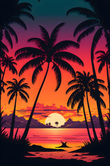 Fototapeta na wymiar Digital art depicting a neon tropical island. Tropical summer palm trees. Generative AI