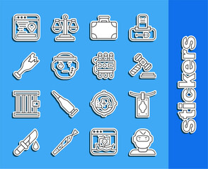 Set line Thief mask, Money laundering, Judge gavel, Briefcase and money, Bandit, Broken bottle weapon, System bug and Dynamite timer clock icon. Vector