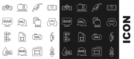 Set line Oil rig with fire, Gasoline pump nozzle, Spare wheel the car, Word oil, Location and gas station, Metallic pipes valve and tank storage icon. Vector