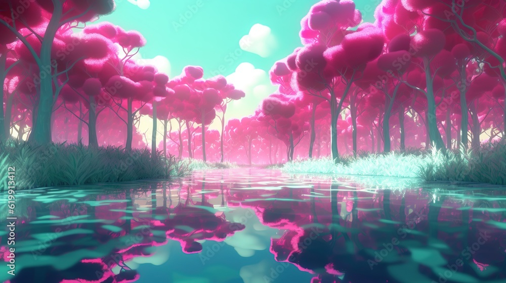 Poster a picture of a lake with pink clouds in it as an example