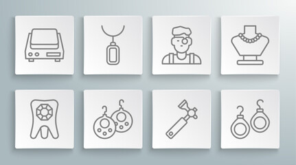 Set line Tooth with diamond, Pendant necklace, Earrings, Jewelers lupe, man, Necklace mannequin and Electronic jewelry scales icon. Vector