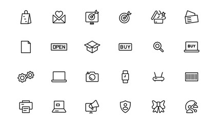 Digital marketing icons set. Content, search, marketing, ecommerce, seo, electronic devices, internet, analysis.Outline icon.Outline icon.