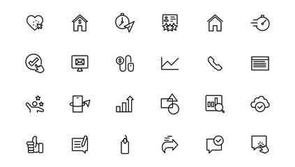 Digital marketing icons set. Content, search, marketing, ecommerce, seo, electronic devices, internet, analysis.Outline icon.Outline icon.