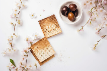 Obraz na płótnie Canvas Cracker Crusty Salted Snack on white background with tulip flowers. Generated AI tools
