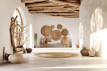 Stucco walls and wooden log beam ceiling in farmhouse hallway. Rustic style interior design of entrance hall with door in country house. Created with generative AI