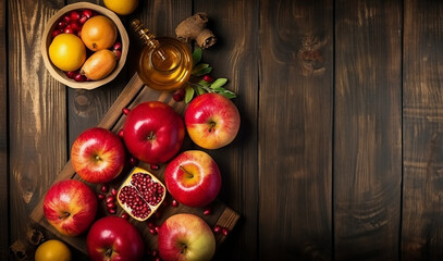 Rosh Hashanah, Jewish New Year Autumn Holiday Concept. Apples, Honey, Pomegranate, Traditional Products for Celebration on Dark Wooden Background. Generated AI tools