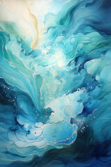 Fototapeta na wymiar Vertical abstract background, sea waves, blue watercolor. AI generative.