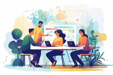 Illustration of diverse group of people collaborating working and planning in a meeting or at school