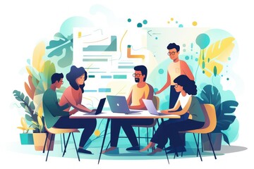 Illustration of diverse group of people collaborating working and planning in a meeting or at school