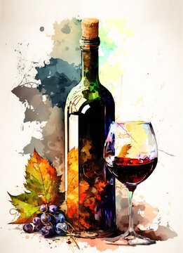 colorful painting glass of red wine, bottle and grape on a white background. Generative AI