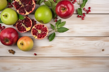 Rosh Hashanah, Jewish New Year Autumn Holiday Concept. Apples, Honey, Pomegranate, Traditional Products for Celebration on White Wooden Background. Generated AI tools