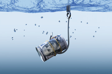 US 100 dollar bank roll on a fishing hook under bluish water. Illustration of the concept of bait money lure or bait bills - obrazy, fototapety, plakaty