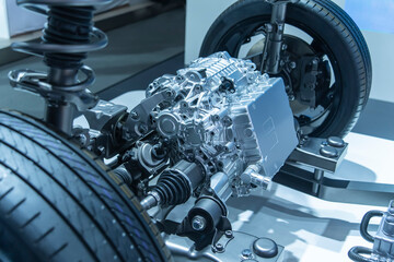Fototapeta premium electric car with powertrain and power connection,electric system of eco car concept.