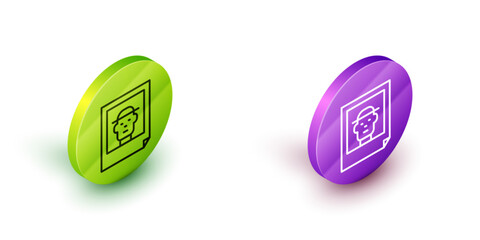 Isometric line Photo icon isolated on white background. Green and purple circle buttons. Vector