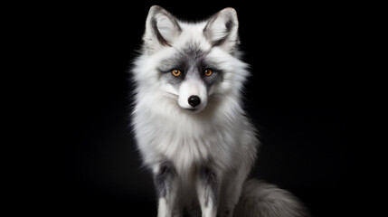 Obraz premium Captivating Marble Fox (Vulpes vulpes fuliginosus), AKA Arctic Fox, Sitting with Vivid Details on Black Background - Studio Photography. Generative AI.