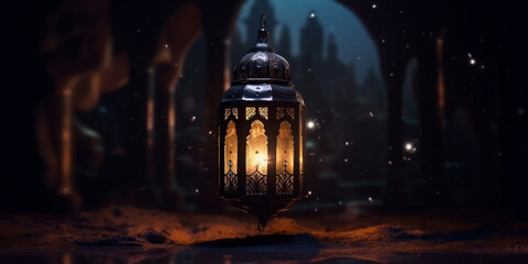 Arabic lantern with ornament floating in a dark cave at night
