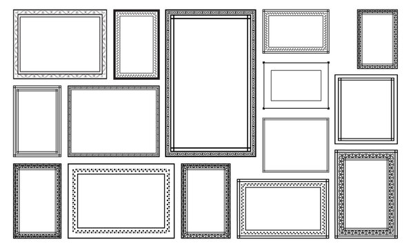 Empty painting or picture frames  with engraved and carved wooden borders. Set of decorative retro ornamental detailed picture frames. Old classic vector baroque black simple frames collection.