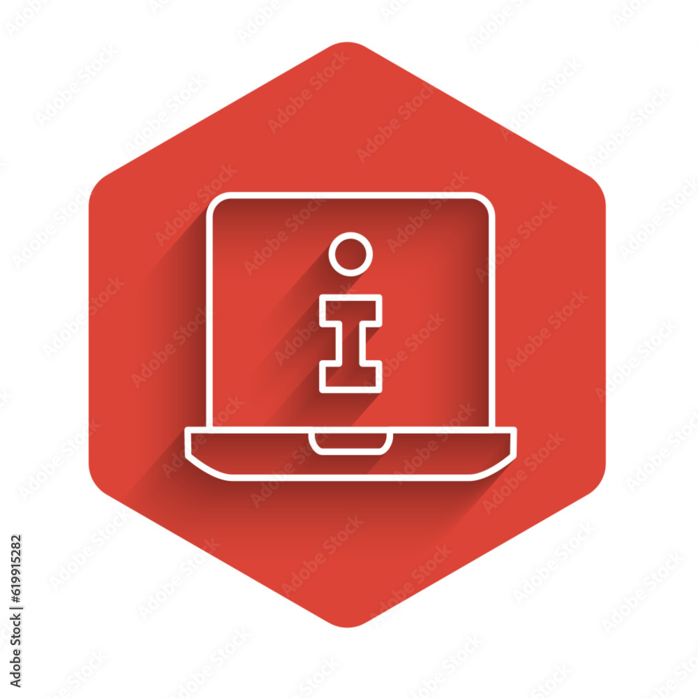 Poster white line information icon isolated with long shadow background. red hexagon button. vector