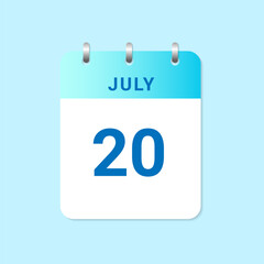 Daily calendar 20th of July month on white paper note