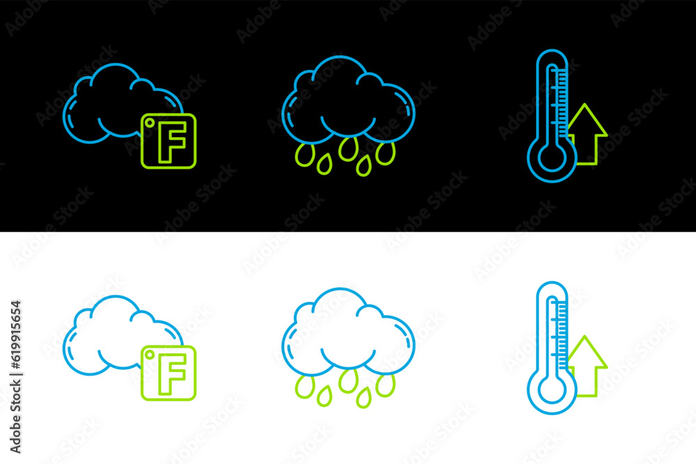 Sticker set line thermometer, fahrenheit and cloud and cloud with rain icon. vector