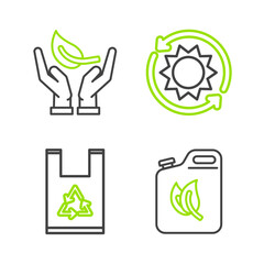 Set line Bio fuel canister, Plastic bag with recycle, Solar energy panel and Sprout in hand of environmental protection icon. Vector