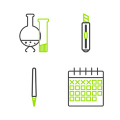 Set line Calendar, Pen, Stationery knife and Test tube and flask chemical laboratory test icon. Vector