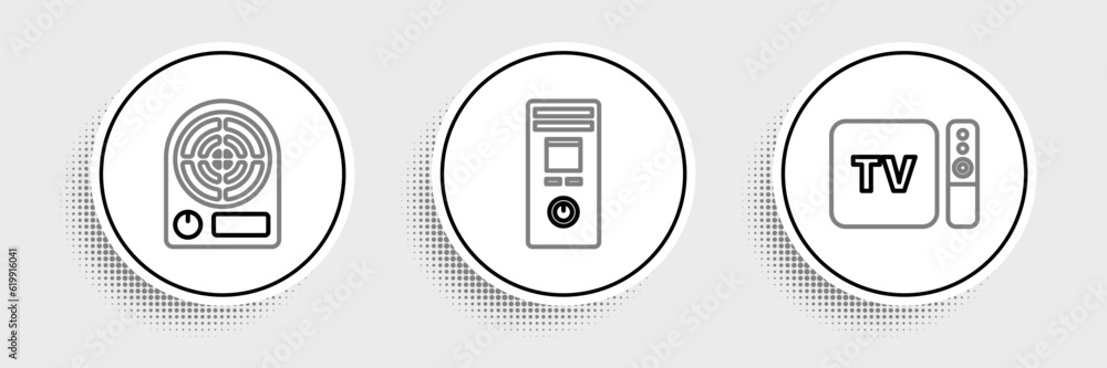 Poster set line tv box receiver and player with remote controller, electric heater and remote icon. vector