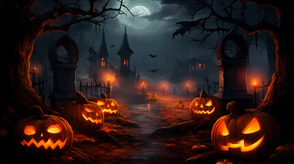 Happy Halloween Illustration background design with glowing pumpkin and dark night landscape of a graveyard under the moonlight, trees, and plakat.