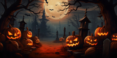 Happy Halloween Illustration background design with glowing pumpkin and dark night landscape of a graveyard under the moonlight, trees, and plakat.