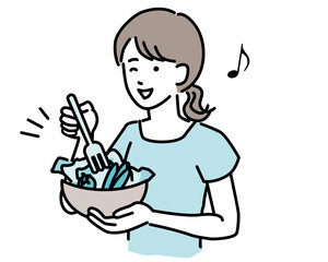 サラダを食べる女性のイラスト