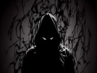 The silhouette of a guy in a hood, without a face but with luminous eyes on a black background inside the hood, on a dark mystical background. Generative AI