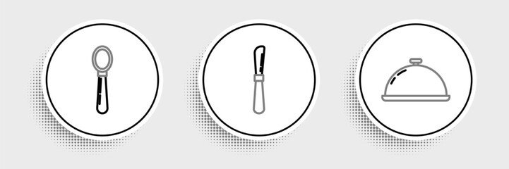 Set line Covered with a tray of food, Spoon and Knife icon. Vector