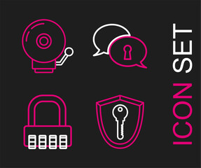 Set line Shield with key, Safe combination lock, Protection of personal data and Ringing alarm bell icon. Vector