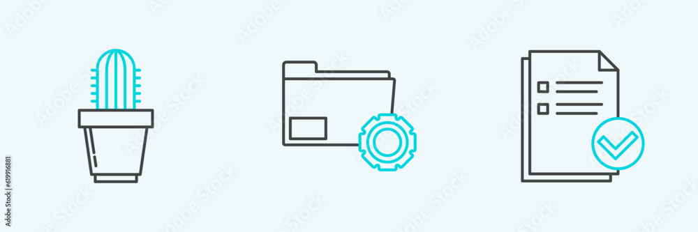 Sticker Set line Document and check mark, Cactus succulent in pot and Folder settings with gears icon. Vector