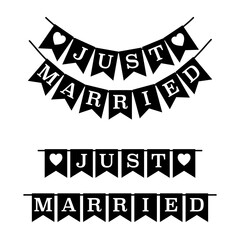 Just Married Hanging wedding decorative flags sign. Wedding invitation card. Vintage style. Black and white. Vector illustration.