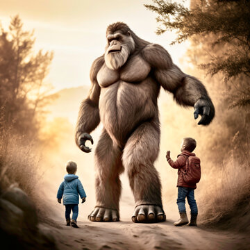 Generative AI Image Of Big Foot And Kids.