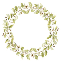 Oak branch Wreath. Hand drawn watercolor illustration of round Frame with acorns and green leaves on white isolated background. Circular border with forest foliage for icon, logo or greeting cards.