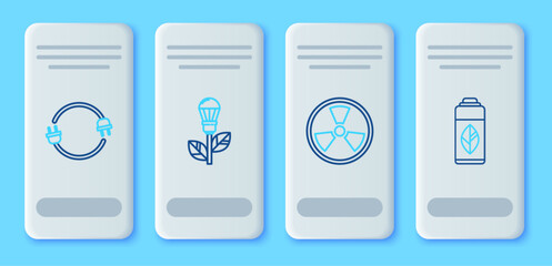 Set line Light bulb with leaf, Radioactive, Electric plug and Recycling plastic bottle icon. Vector