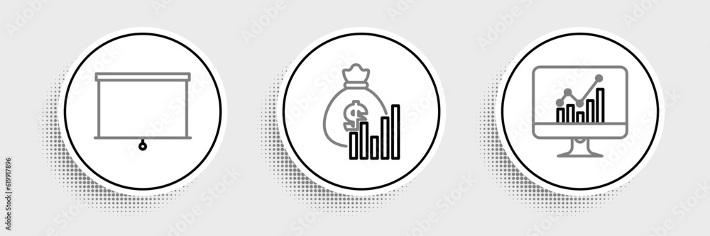 Poster set line computer monitor with graph chart, chalkboard and money bag and diagram icon. vector