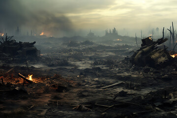 scorched battlefield, littered with destroyed tanks and remnants of war, generative ai 