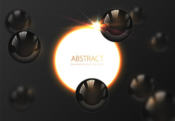 Flying glossy black pearl sphere, blur on dark background. White sun disk glow frame lens flare light effect. Luxury vector abstract delicate background for science business advertisement