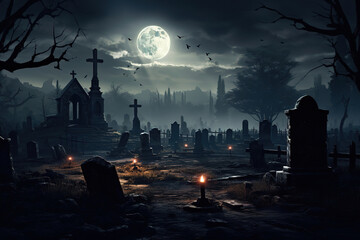 spooky graveyard with tombstones, eerie fog, and a full moon casting a shadow, generative ai 