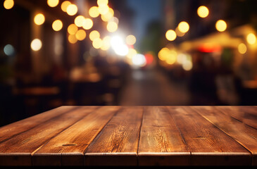 The wooden table top sits empty in a restaurant at night, with a blurred background, generative ai 