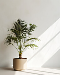 Tropical plant with lush leaves on floor near white wall 