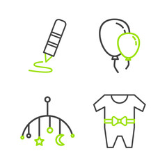 Set line Baby clothes, crib hanging toys, Balloons with ribbon and Wax crayon for drawing icon. Vector