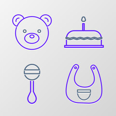 Set line Baby bib, Rattle baby toy, Cake with burning candles and Teddy bear plush icon. Vector
