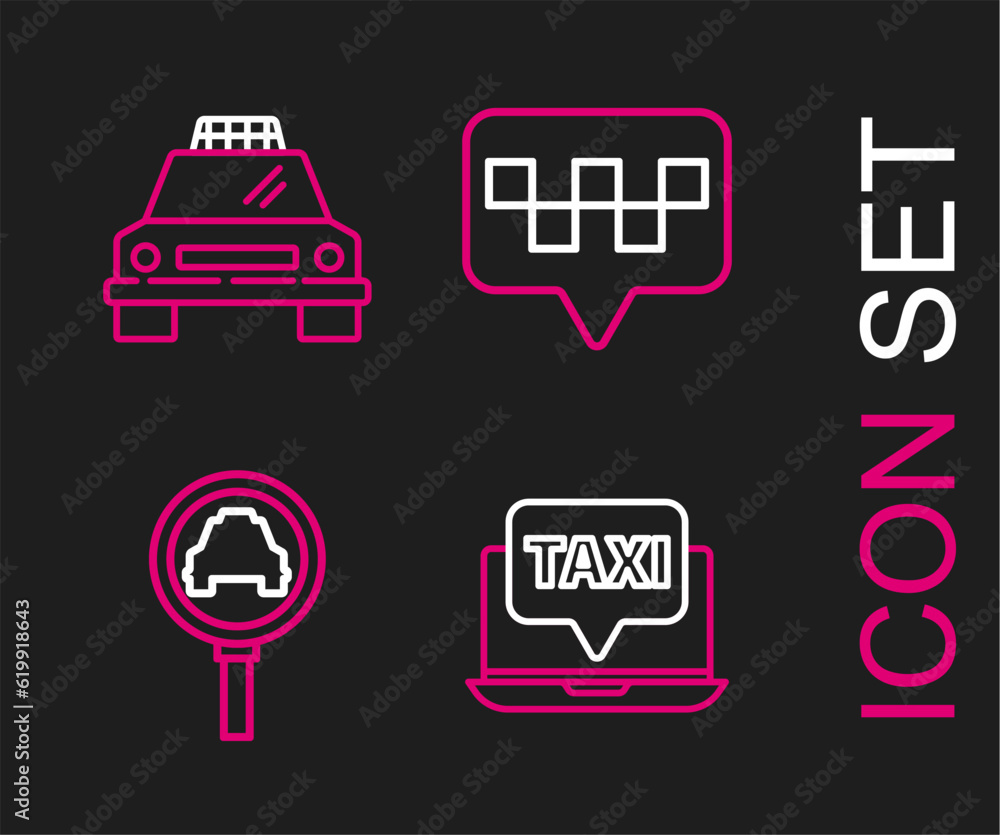 Poster set line laptop call taxi service, magnifying glass and car, map pointer with and taxi icon. vector